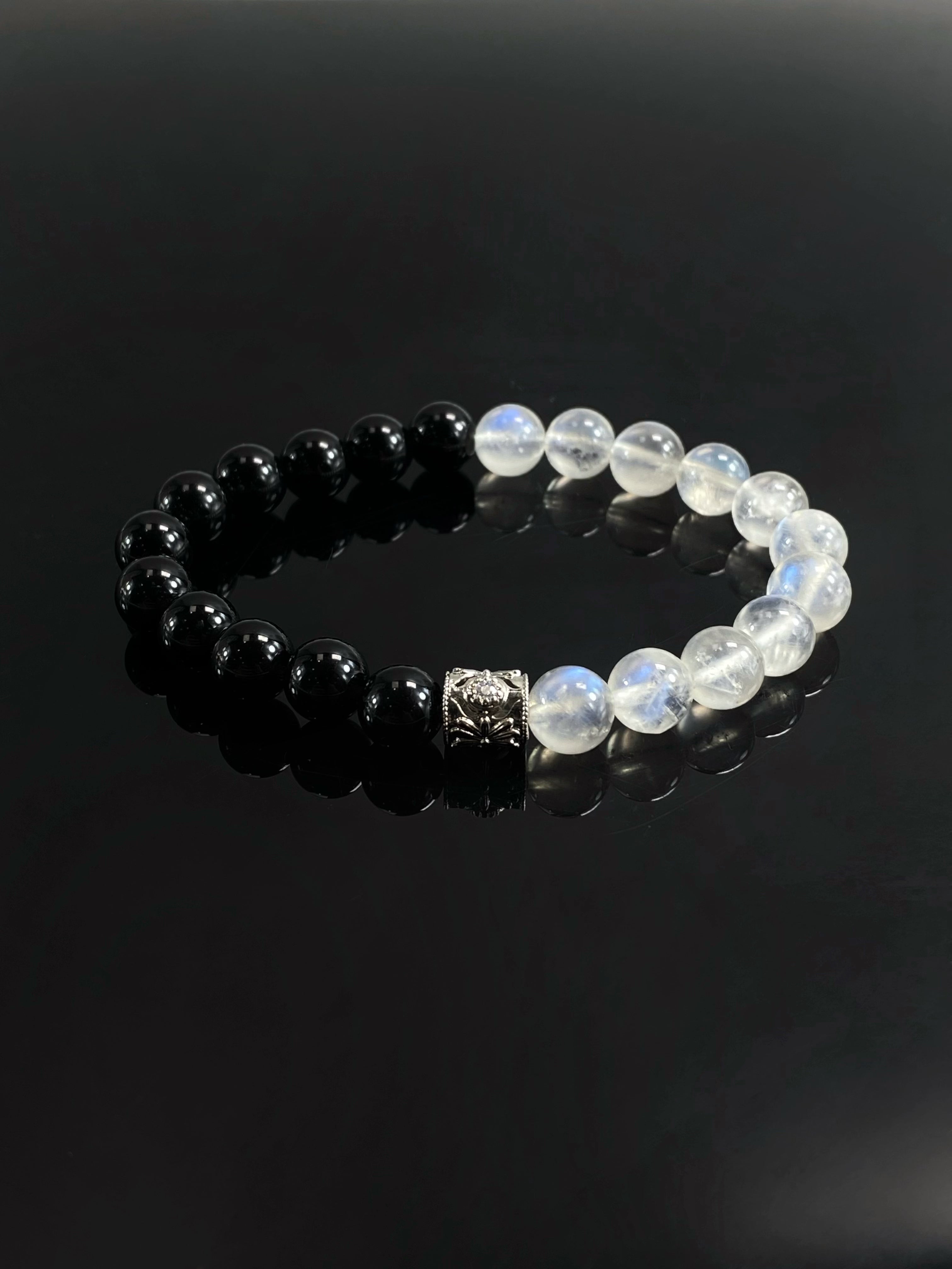 Handcrafted Moonstone and Obsidian Bracelet: Unique Glow from India + Mexican Shine