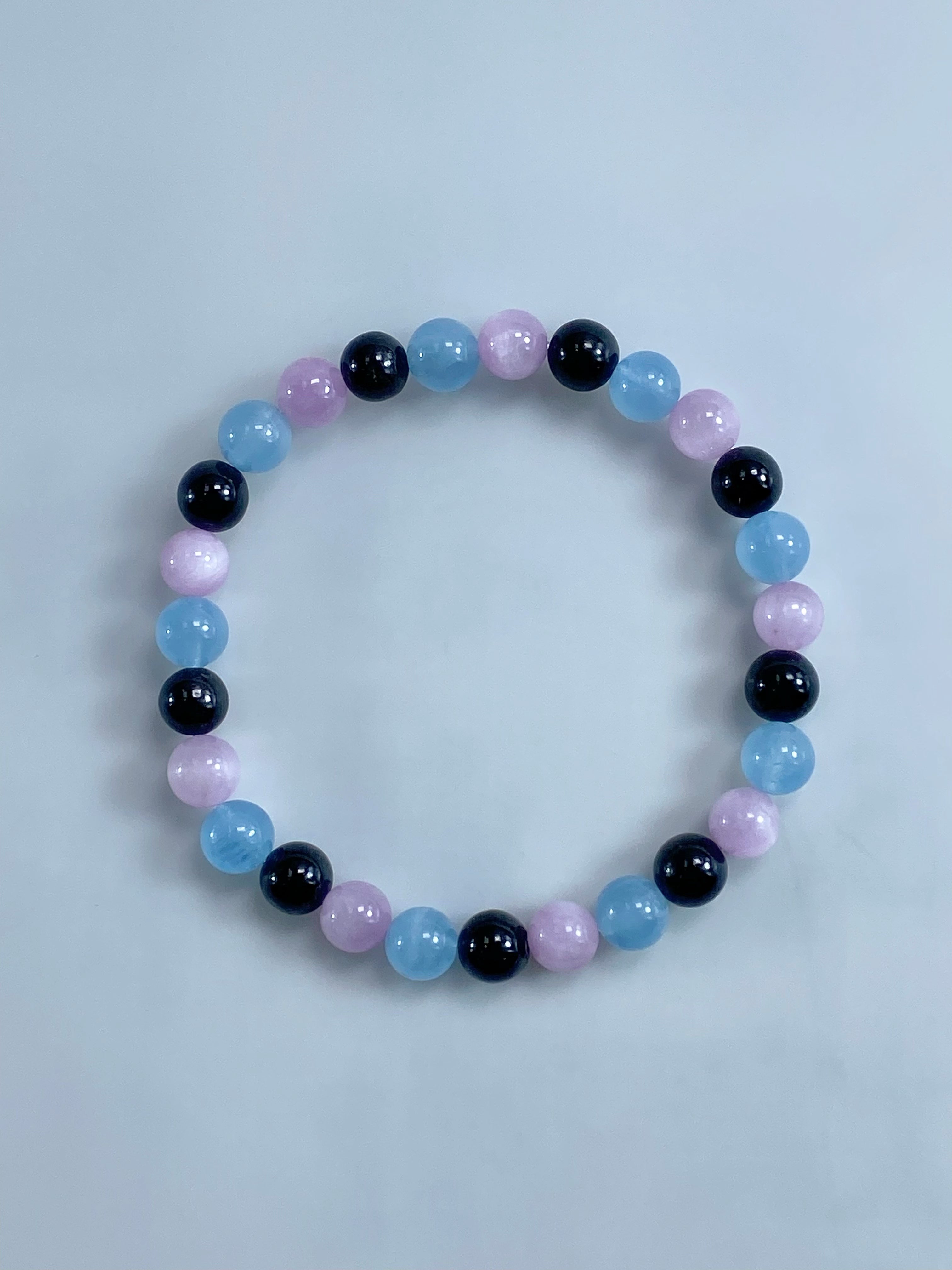 Handmade Multigemstone Bracelet: Brazilian Aquamarine, Pakistani Kunzite, and Mexican Obsidian