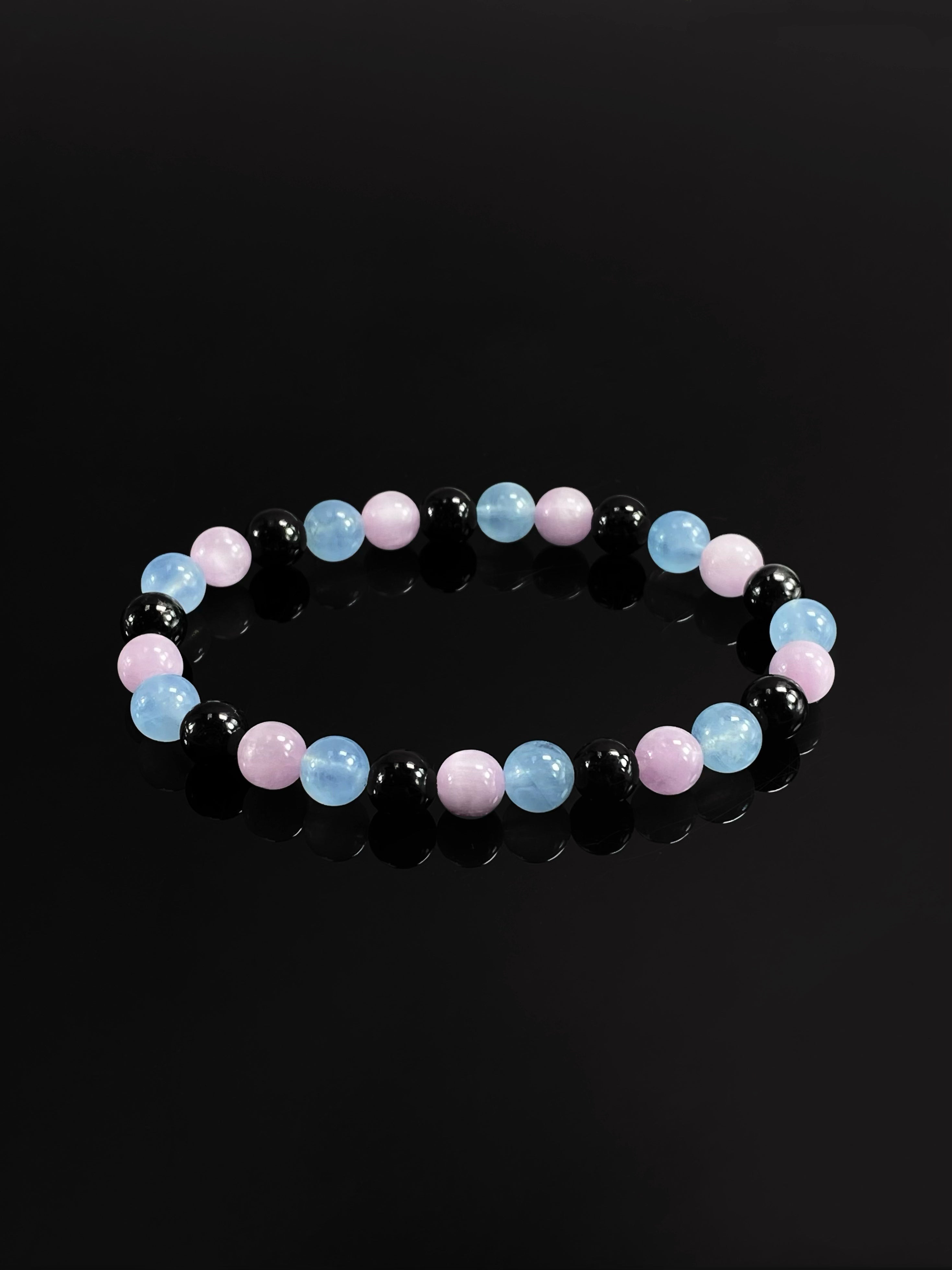 Handmade Multigemstone Bracelet: Brazilian Aquamarine, Pakistani Kunzite, and Mexican Obsidian