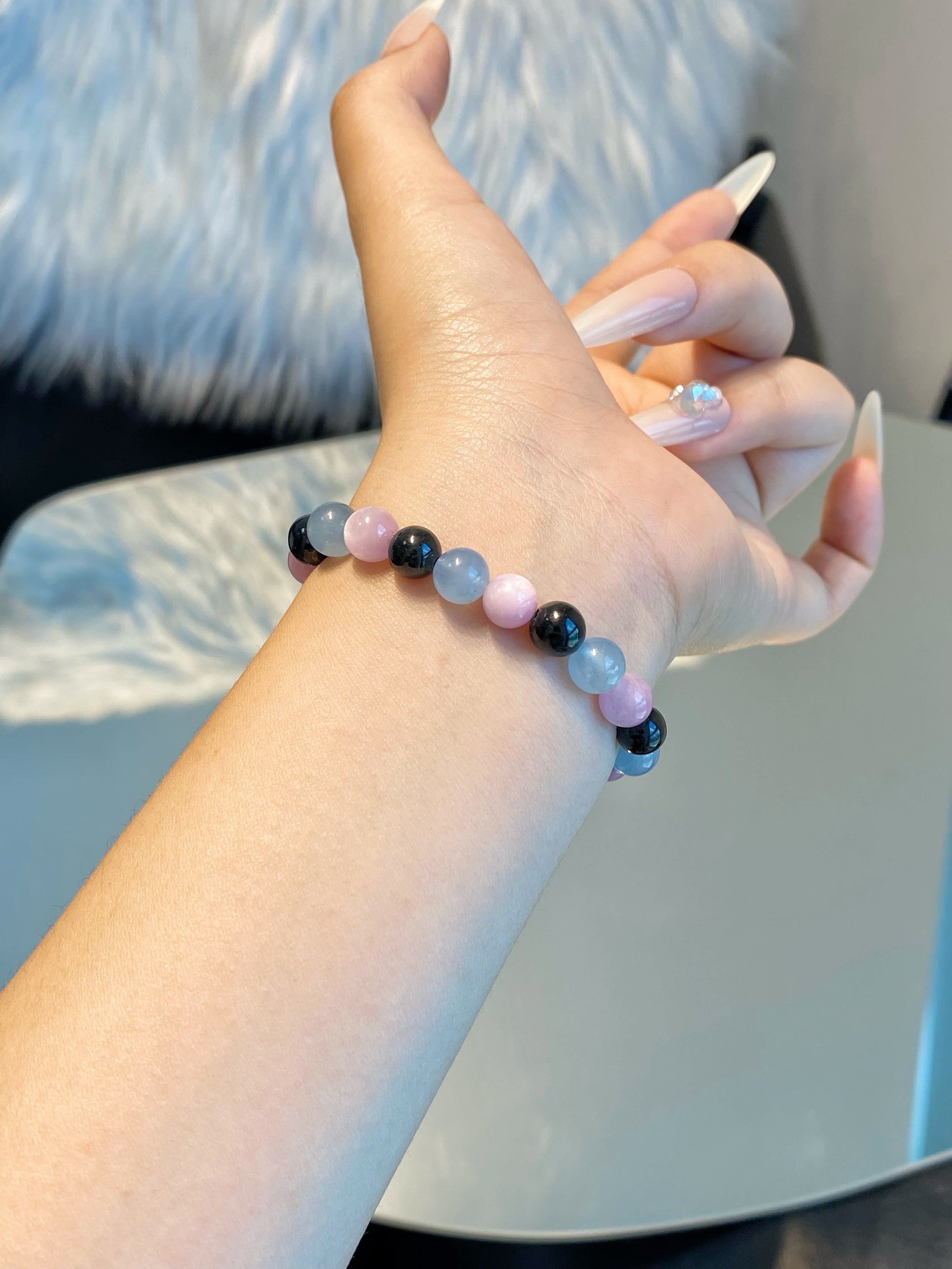 Handmade Multigemstone Bracelet: Brazilian Aquamarine, Pakistani Kunzite, and Mexican Obsidian